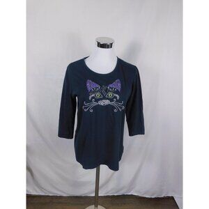 Coral Bay Shirt Womens Petite Medium Navy Blue Cat 3/4 Sleeve Embellished